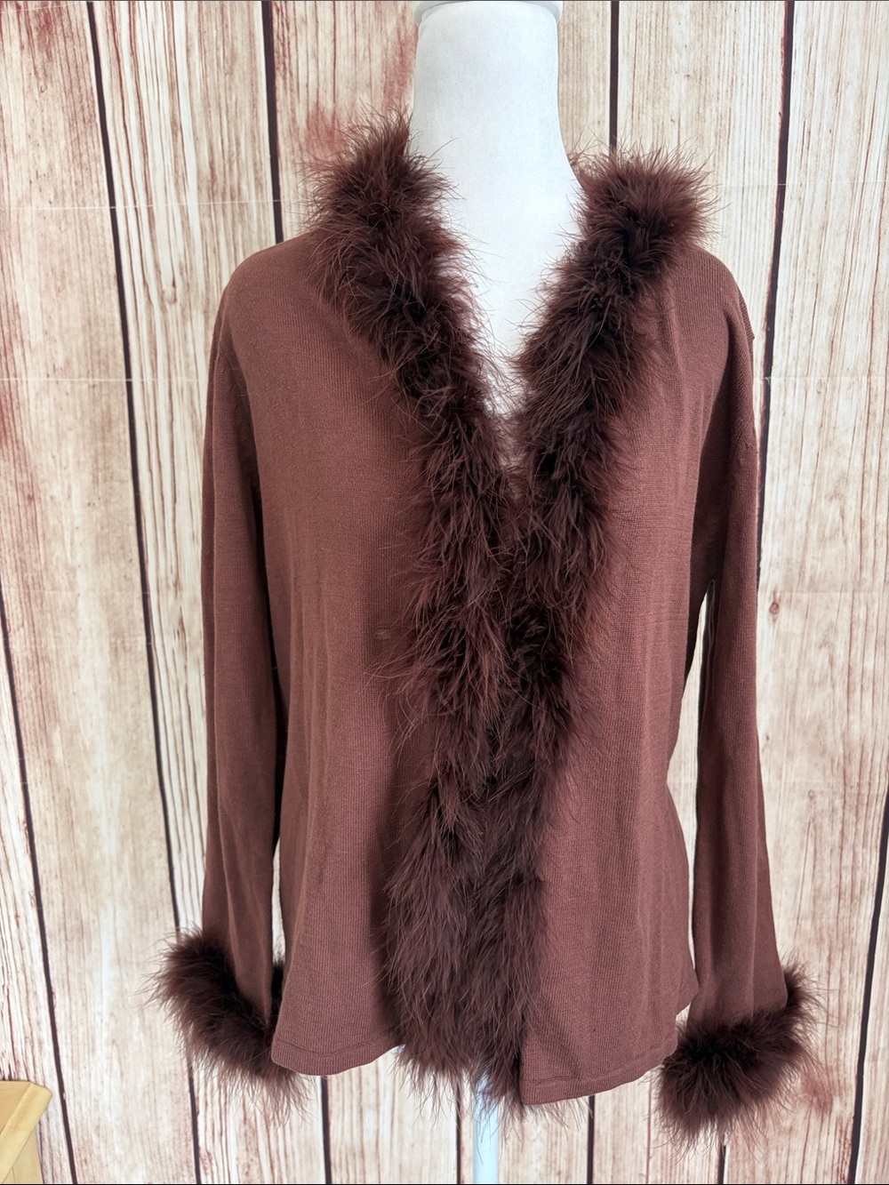 April Cornell Feathery Faux Fur Trim V-Neck Cardigan with Clasp Closure Medium